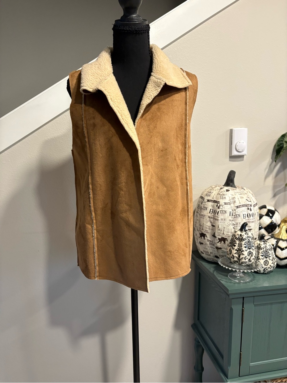 Charter Club Camel Faux Suede Shearling-Trim Vest
